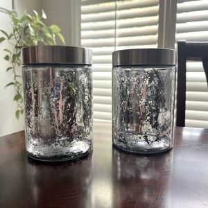Set 2 Glass Jars Mercury Glass Look Lids Silver Appx 6.5 H - 4.25 D